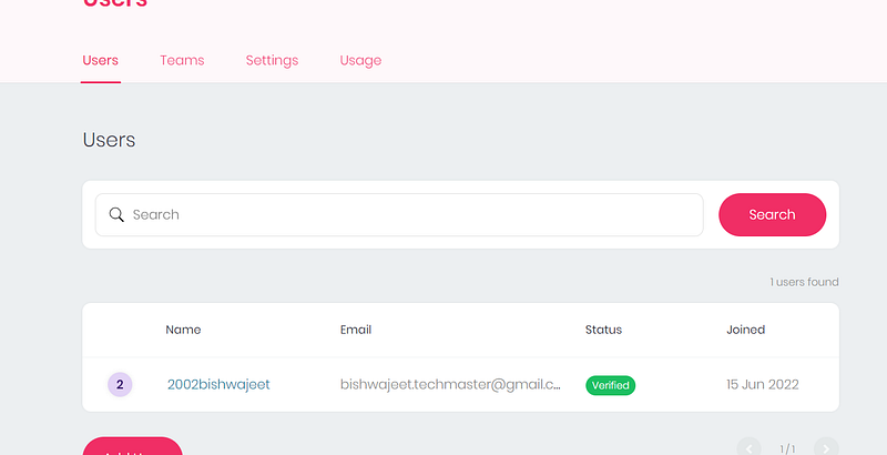 Appwrite console Users list showing the newly created verified user after Dailymotion login