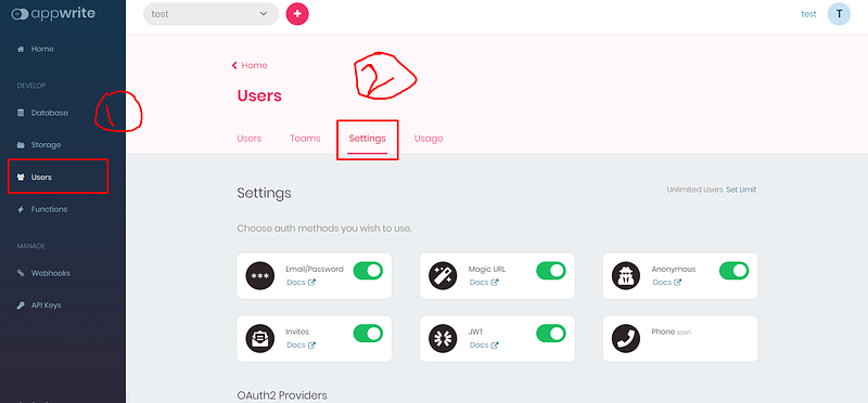 Appwrite console with the Users section and Settings tab highlighted