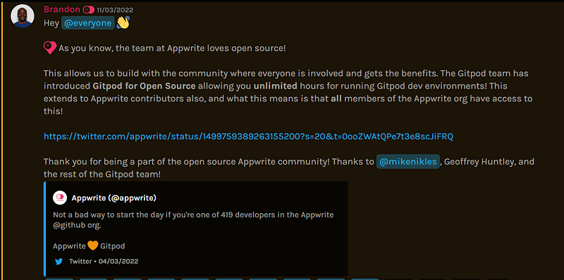 Discord announcement that Appwrite org members get unlimited Gitpod hours via Gitpod for Open Source
