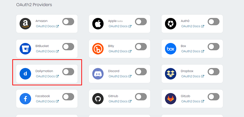 Appwrite OAuth2 providers list with the new Dailymotion provider highlighted