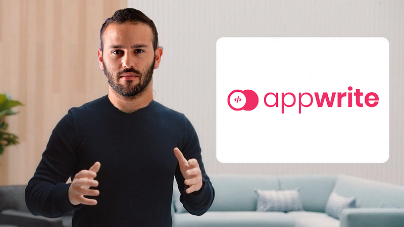 Appwrite founder Eldad presenting to camera beside the Appwrite logo