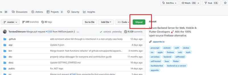 Appwrite GitHub repo page with the green Gitpod button highlighted next to the Code button