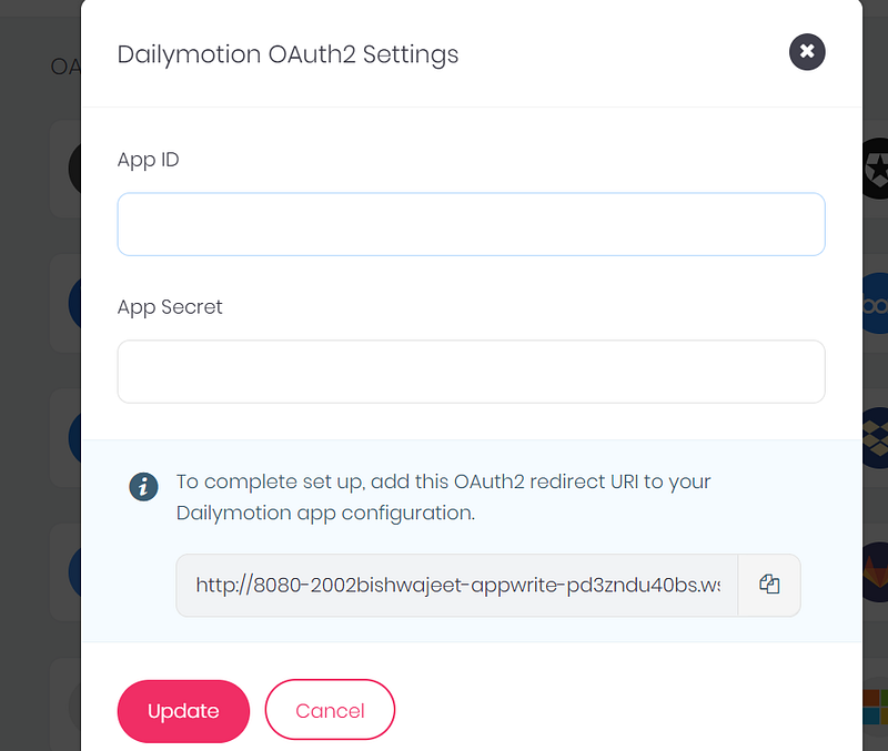 Dailymotion OAuth2 settings dialog with empty App ID and App Secret fields