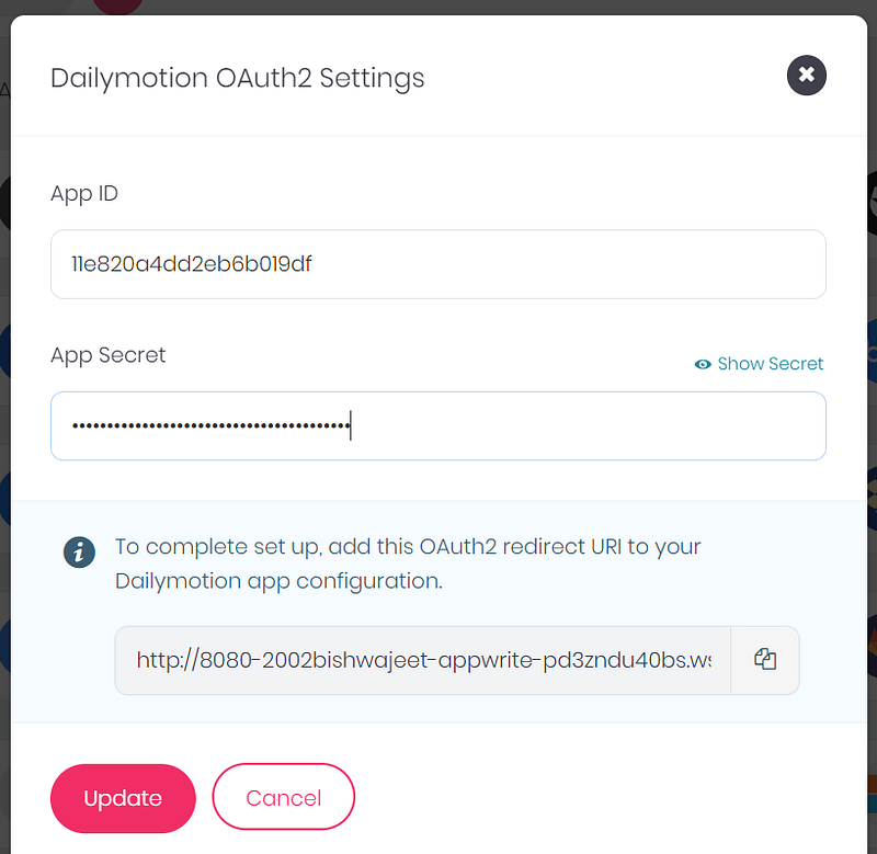 Appwrite Dailymotion OAuth2 settings dialog with the App ID and App Secret filled in