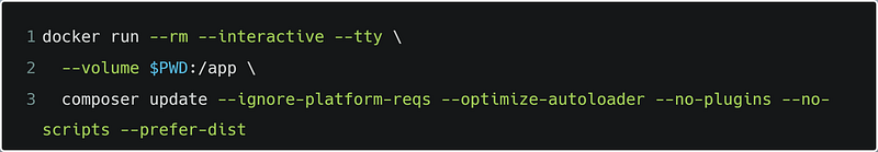 Terminal showing a docker run command that mounts the project and runs composer update