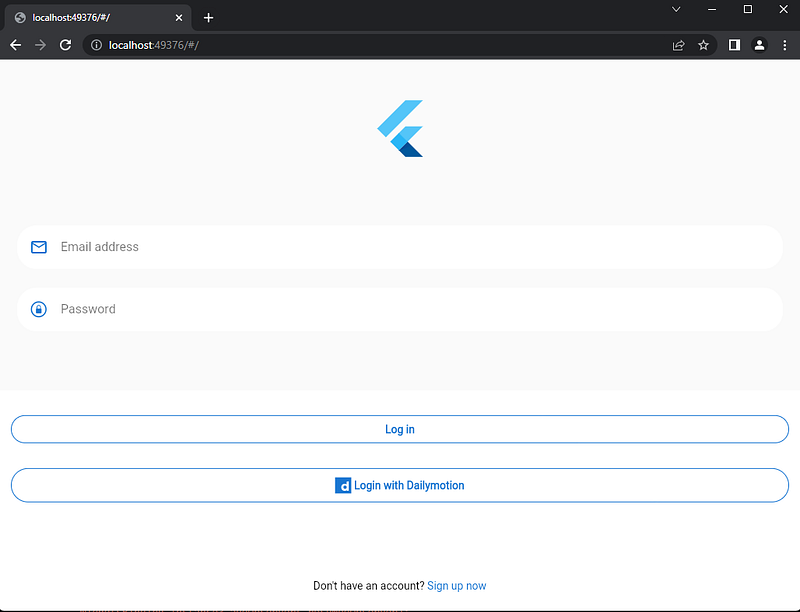 Flutter test app login screen with email, password and a "Login with Dailymotion" button