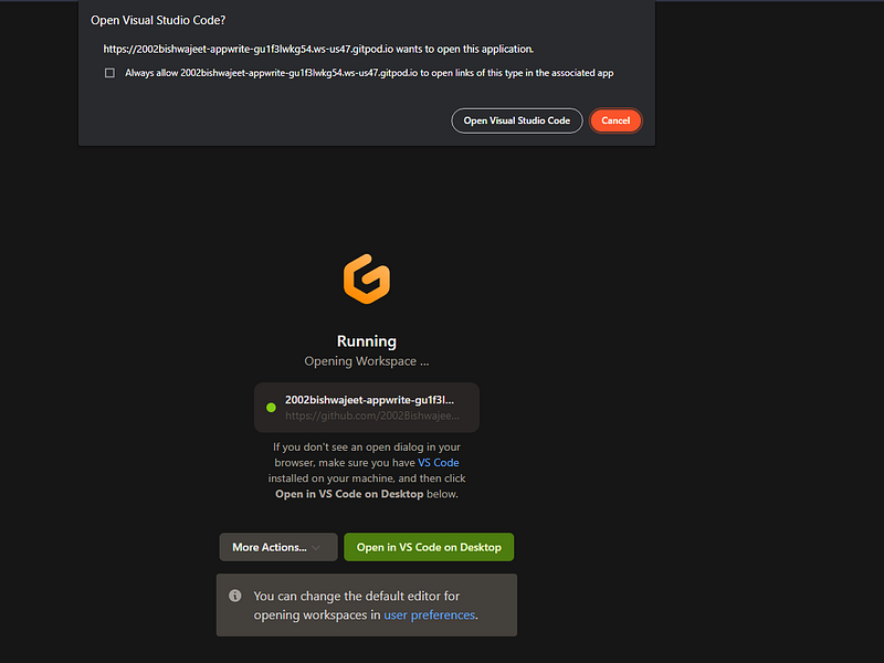 Gitpod running workspace prompting to open the workspace in VS Code on desktop