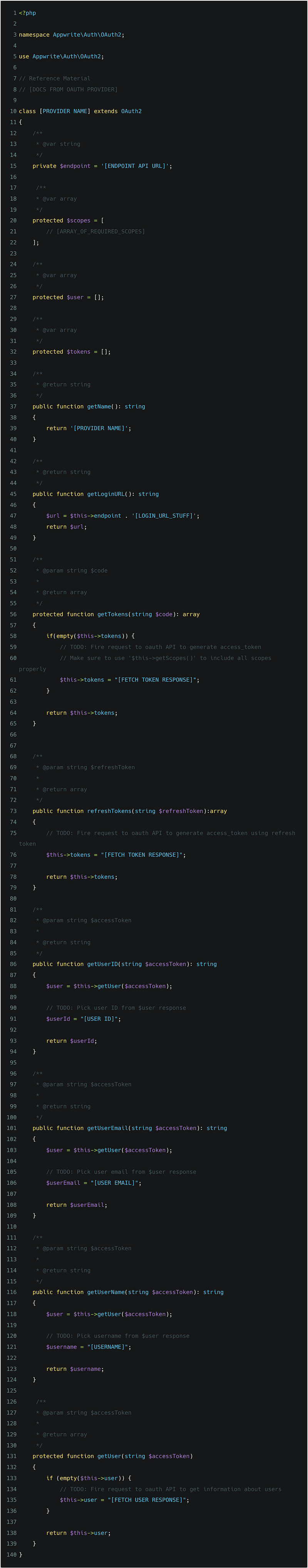 Boilerplate OAuth2 provider PHP class with TODO placeholders to fill in