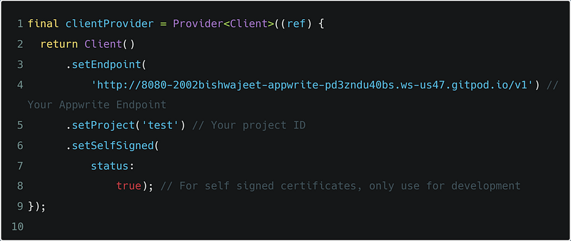 Flutter client.dart code setting the Appwrite endpoint, project ID and self-signed status