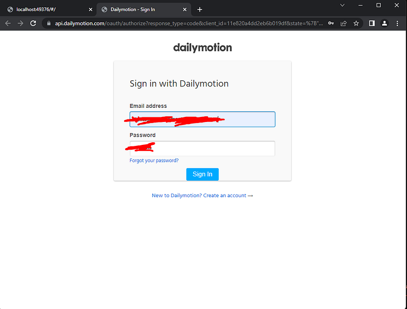 Dailymotion OAuth sign-in page prompting for email and password