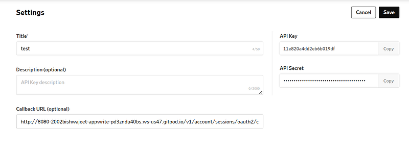 Dailymotion API key settings showing the generated API Key, API Secret and callback URL
