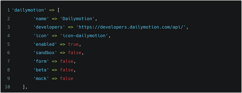 PHP code adding the dailymotion entry to the providers list in providers.php