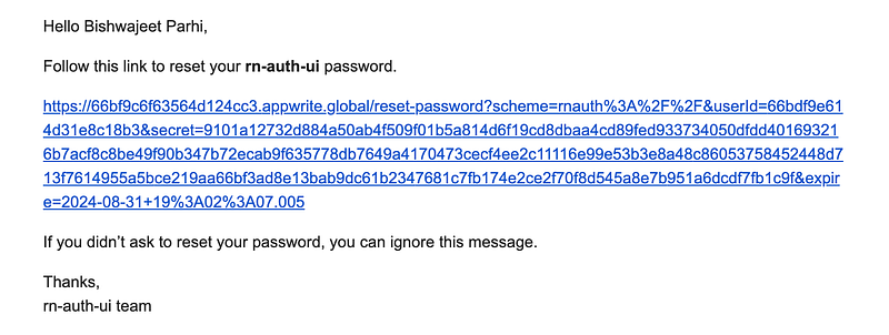 Password reset email with a recovery link containing secret and userId parameters